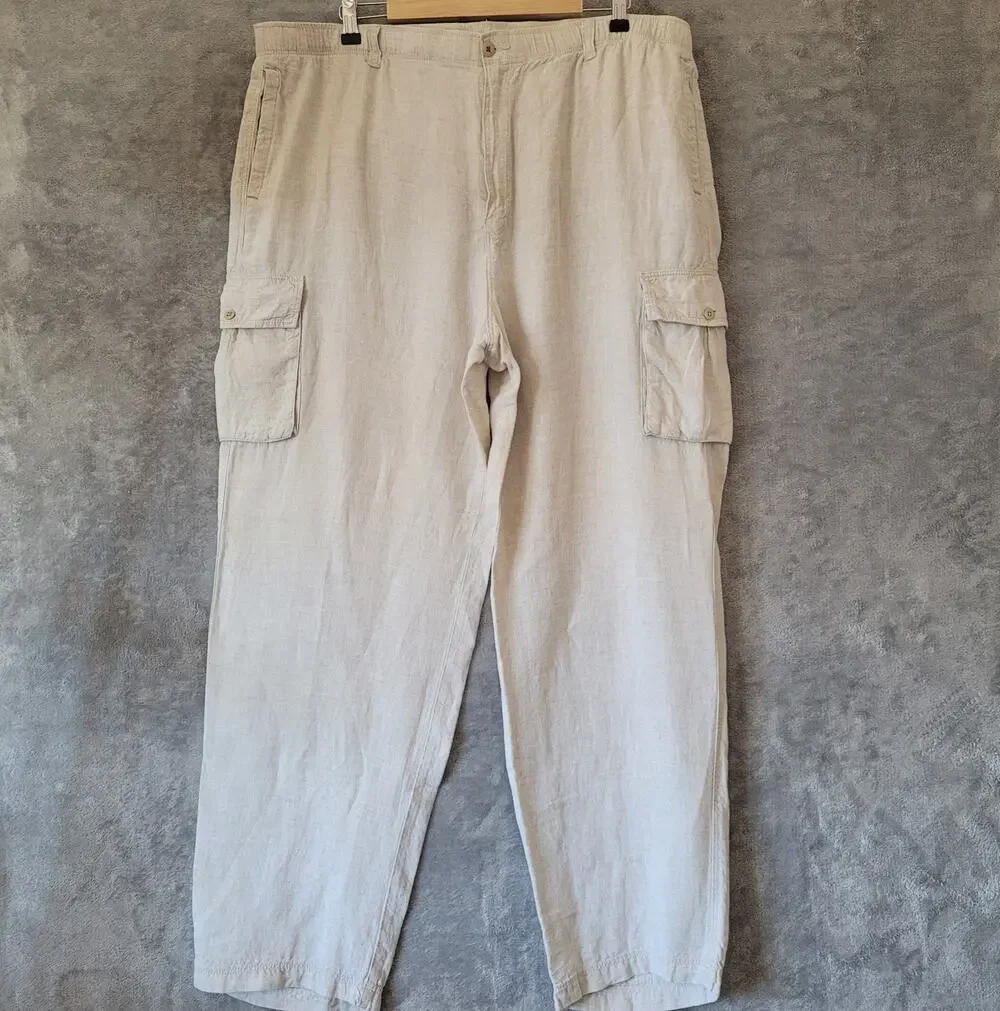 Tommy Bahama Mens XXL 100% Linen Cargo Pants Beige Beach Casual 42/32